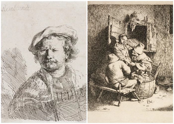 Imagens Impressas/Autorretrato, de Rembrandt Van Rijn, e Cena de Taberna, de Andrian von Ostade